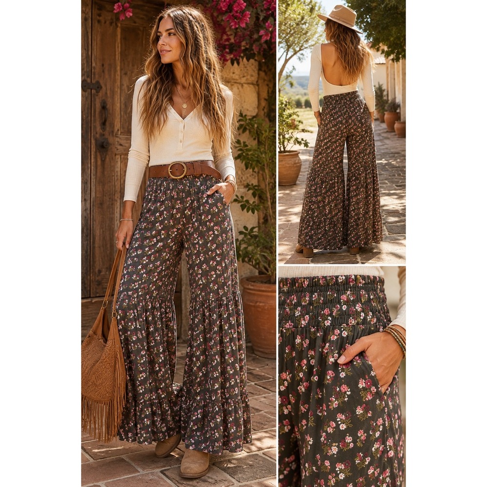 Angie Floral Wide Leg Pants Small Olive Green Pink Tiered Ruffle Boho Rayon
